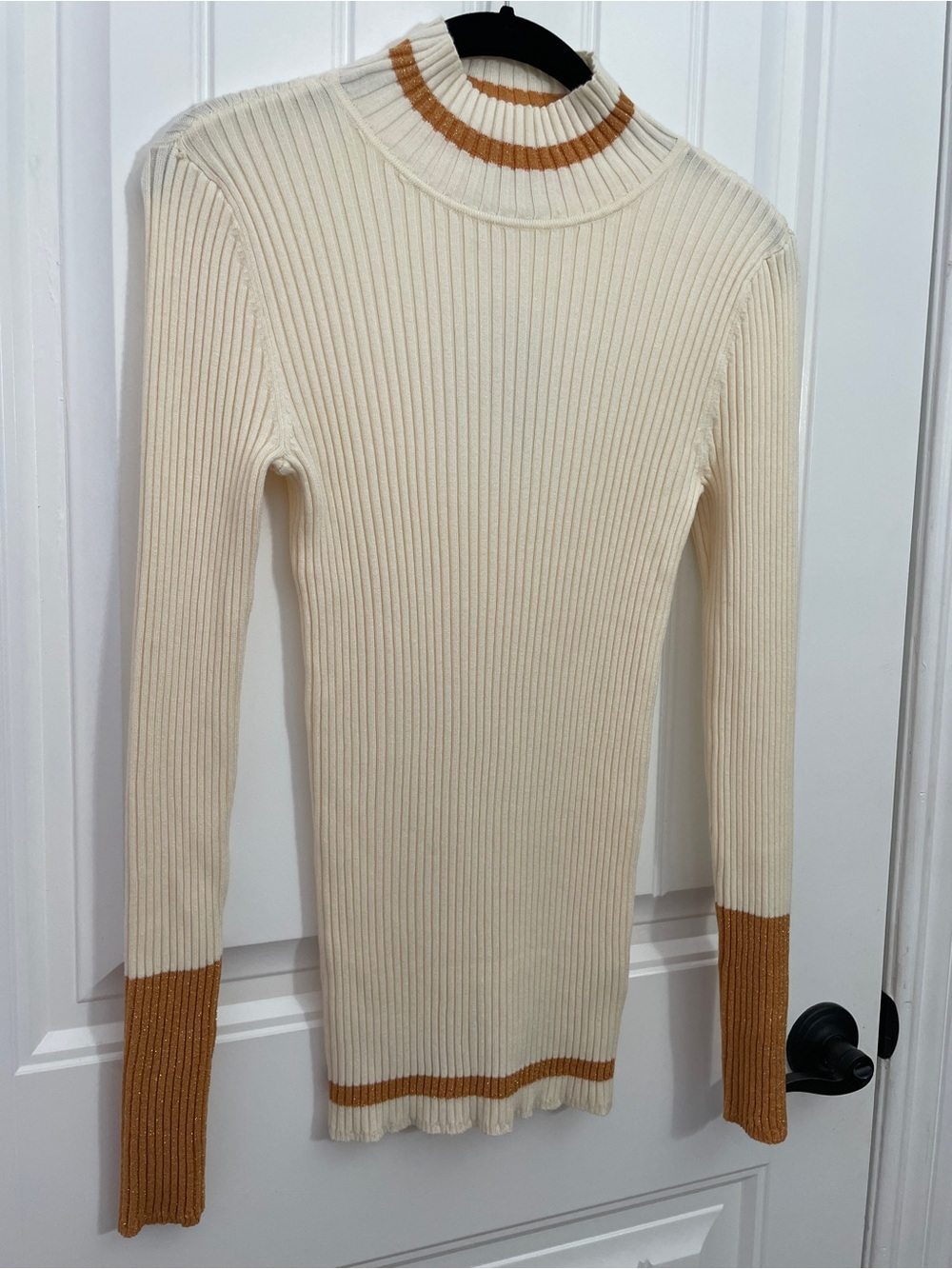 Nine West Ribbed Mock Neck Sweater Festive Cream Auburn Gold Sparkle Small NWT